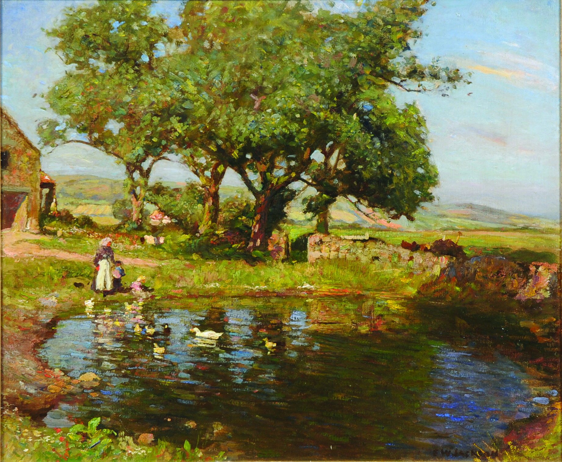 FREDERICK WILLIAM JACKSON
The farm pond.
Oil on lined canvas.
Signed.
Gallery label to the back.