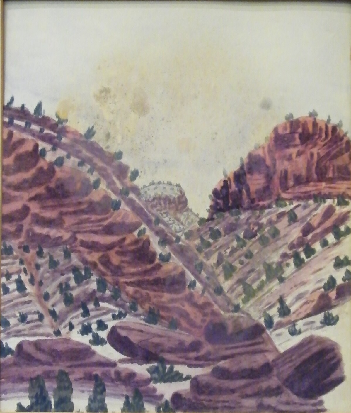 An aboriginal watercolour.
Landscape.
Inscribed to the back "Purchased
in Alice Springs in 1951".