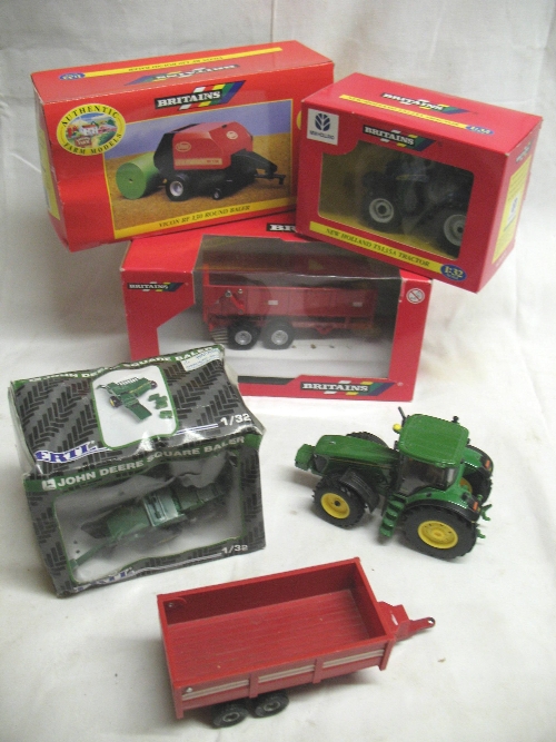 Britains, New Holland TS135A tractor, bulk trailer and Vicon RF130 round baler, all boxed, an Ertl