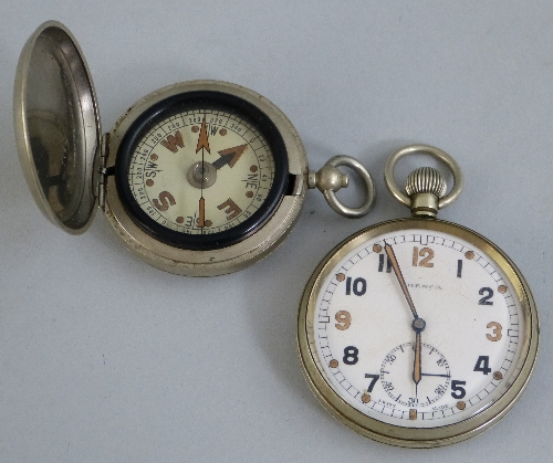 A World War II French military issue nickel cased lever pocket watch, the white dial with Arabic