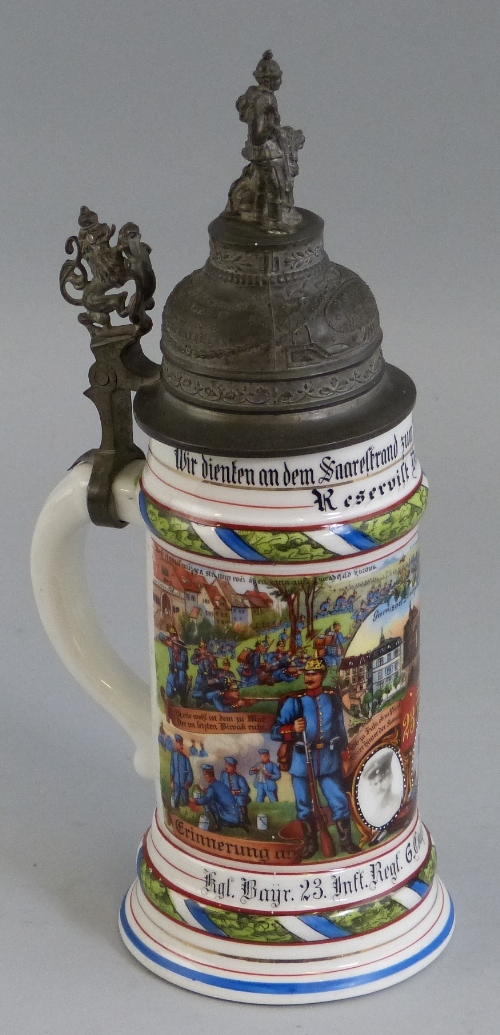 A German porcelain 0.5 litre stein of military interest, commemorating Kgl Bayr 23, Inff Regt 6 Comp