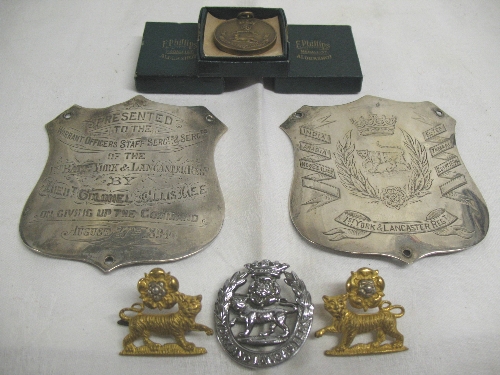 York and Lancaster Regiment, two white metal shields, one engraved with crest and campaign