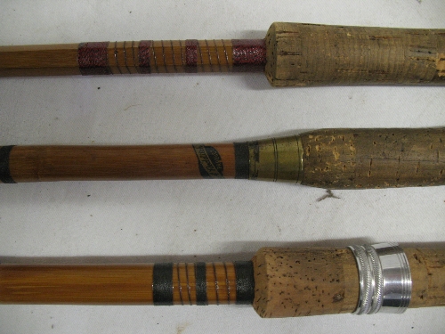 Fishing, three coarse fishing rods comprising two bamboo and one split cane, all 3.75m overall and