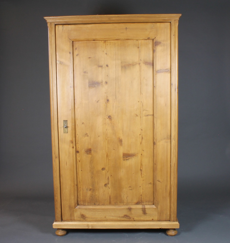 A French stripped and polished pine hall cupboard, fitted shelves enclosed by a panelled door 66"h x