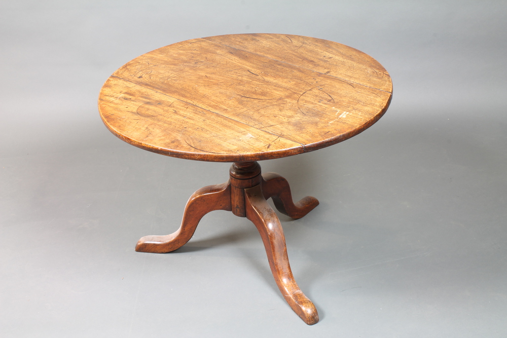 A George III tilt top tea table, raised on baluster column support tripod base, cut down, 21.5"h x