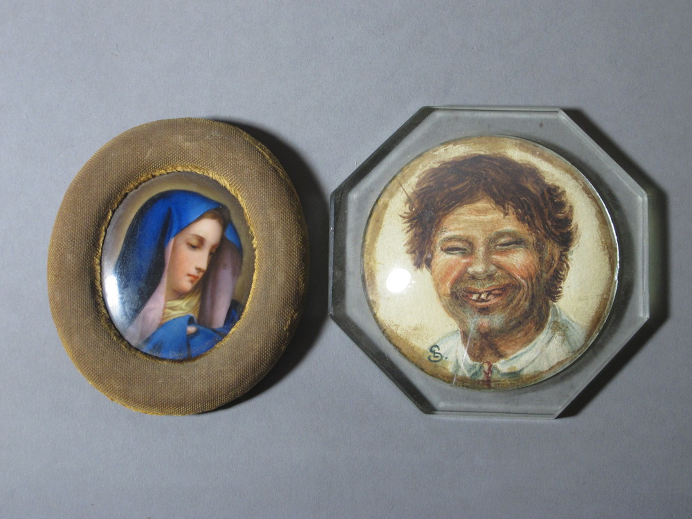 A circular portrait miniature of a young boy monogrammed S, 3"  and a porcelain panel decorated