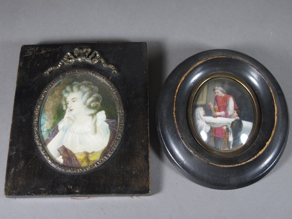 A portrait miniature "Noble Woman" contained in an ebonised  frame 3 1/2" and 1 other "First