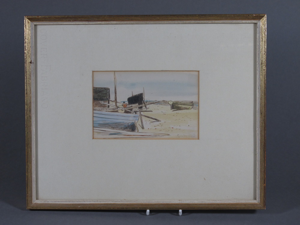 Charles Keane, watercolour drawing "Seascape with Beached Fishing Boats" 3 1/2" x 5 1/2"