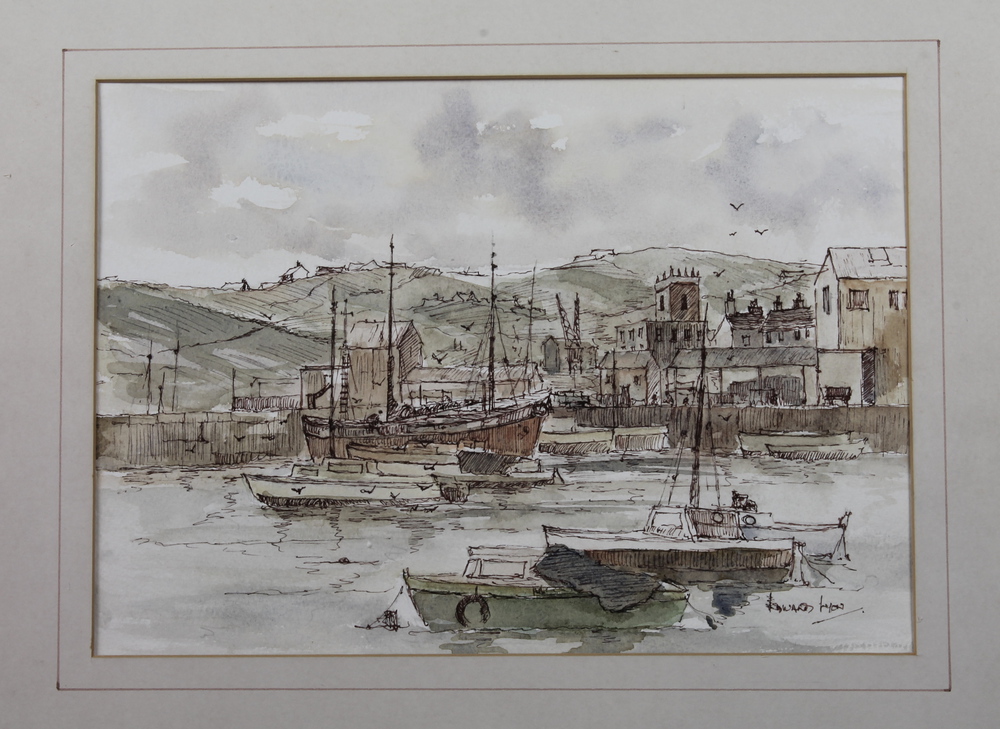 Edward Lyon, watercolour drawing "Harbour Scene" the reverse  with Anvil Gallery Label 9" x 13"