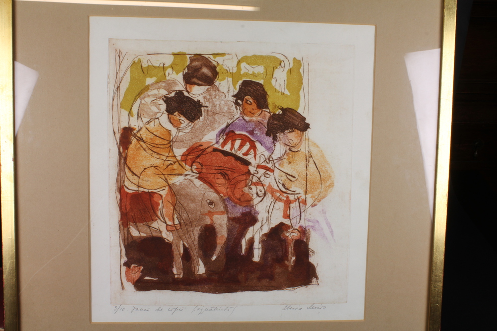 A French artists proof limited edition print 3/10 "Figures with Elephant" signed in the margin,