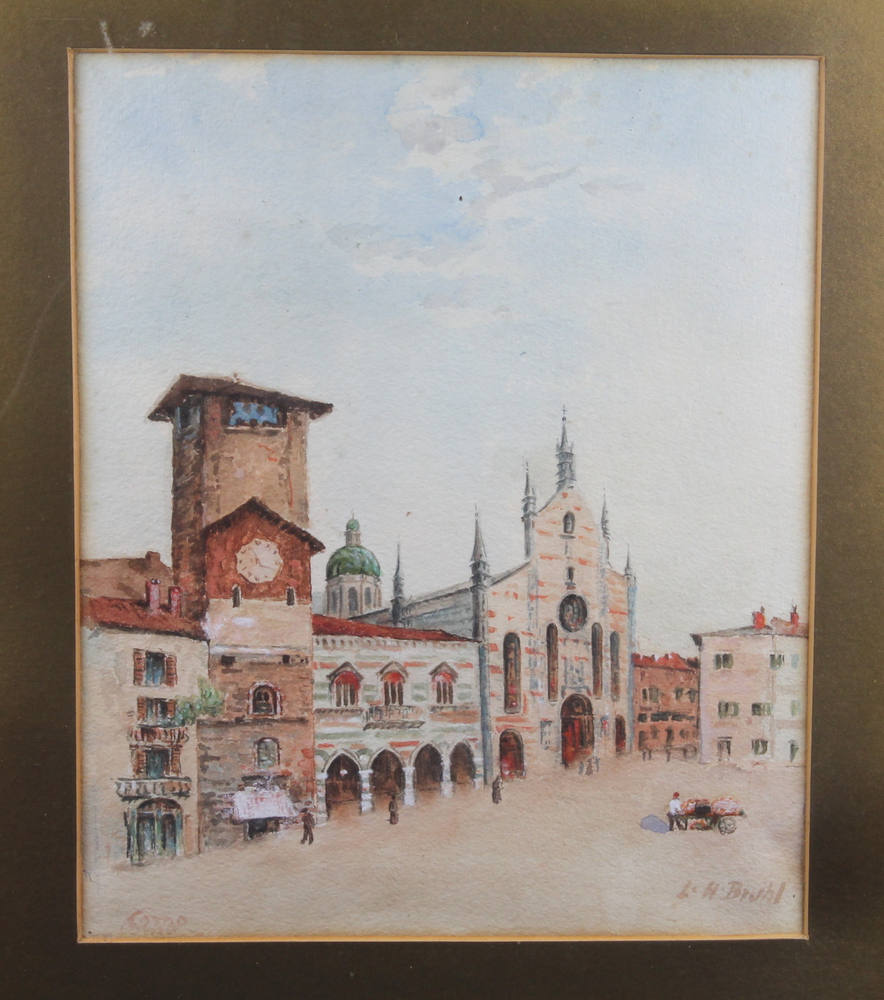 Continental watercolour drawing "Market Square with Cathedral  and Clock Tower" indistinctly