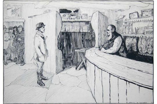 Jack Butler Yeats RHA 1871-1957
A PUB IN DEVON (1890)
Indian ink, 14 1/2" x 21" (37 x 53.3cm),