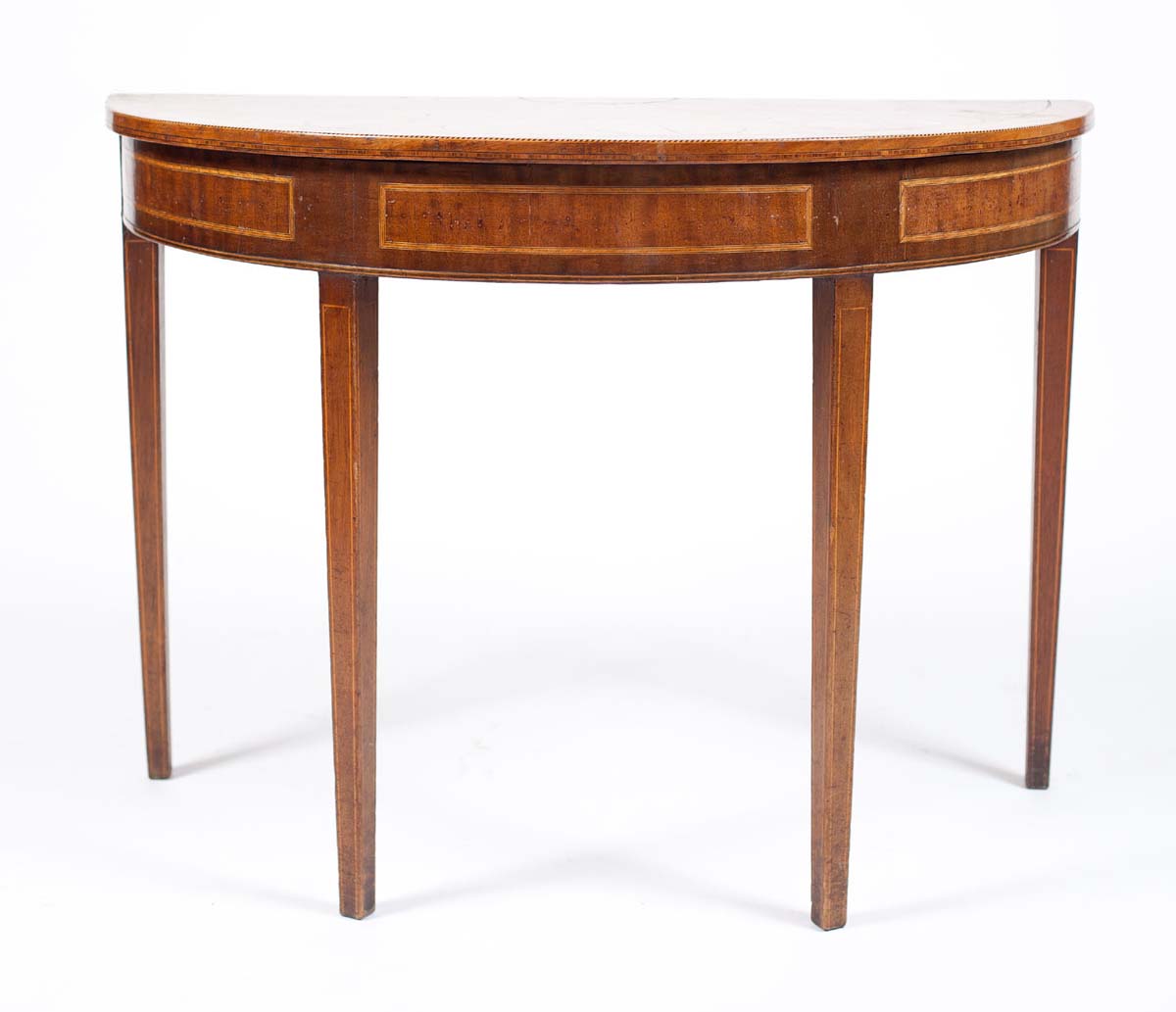 A MAHOGANY AND SATINWOOD INLAID D-SHAPE SIDE TABLE, c.1800, with boxwood and ebony stringing, raised