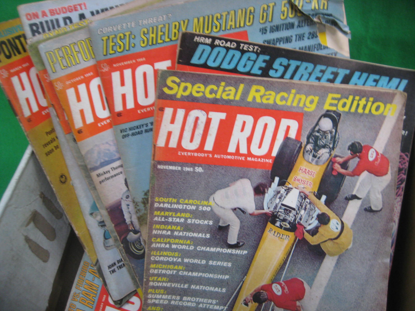 A box of Hot Rod American 1960`s magazines