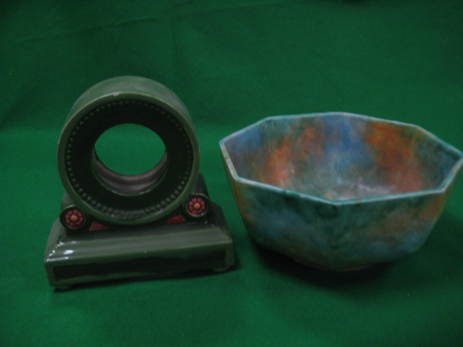 An art deco octagonal bowl and a green clock case