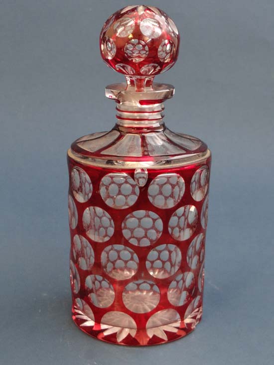 A 19thC flash cut ruby glass flask and stopper 7 1/8" high