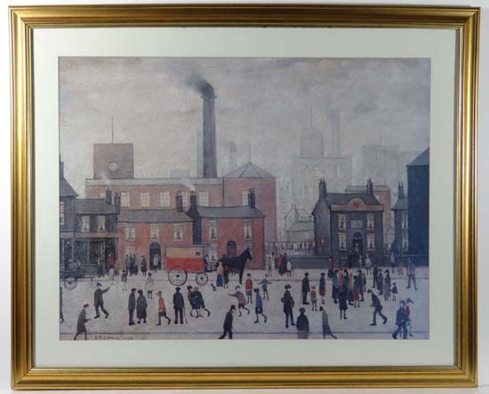 After Laurence Stephen Lowry ( 1887-1976) A coloured print ` Coming home from the Mill ` 20 1/2 x 26