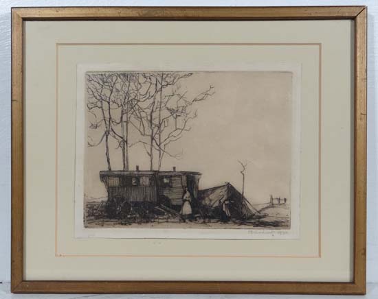 M Growhurst 1930 Signed etching Gypsy wagons Signed in pencil under