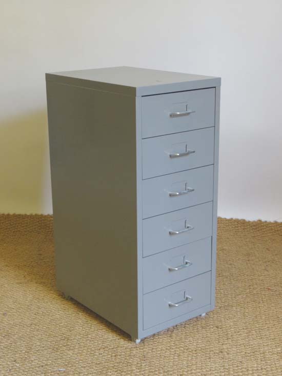 Vintage industrial : a Bisley style grey painted flight of 6 short drawers with castors, 27" high