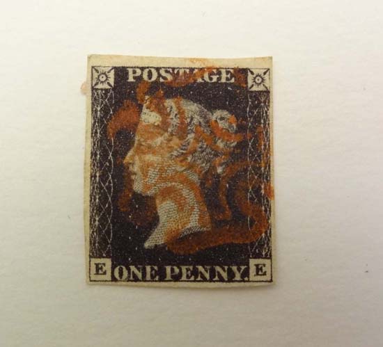 Penny Black Stamp : An 1840 1D Penny Black stamp, 4 margin, with red Maltese Cross, plate 8.