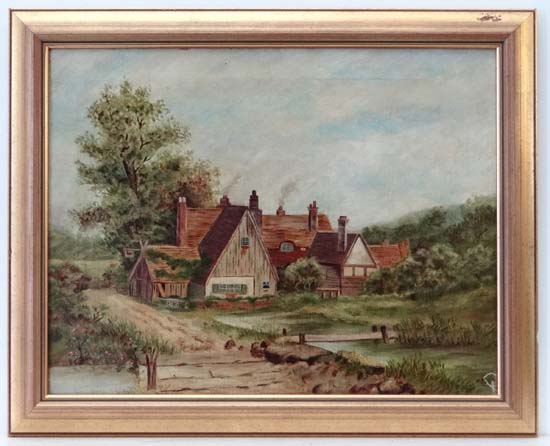 A Lees XIX-XX Oil on canvas Mill cottage by stream crossing Signed lower right 13 1/2 x 17 3/4"