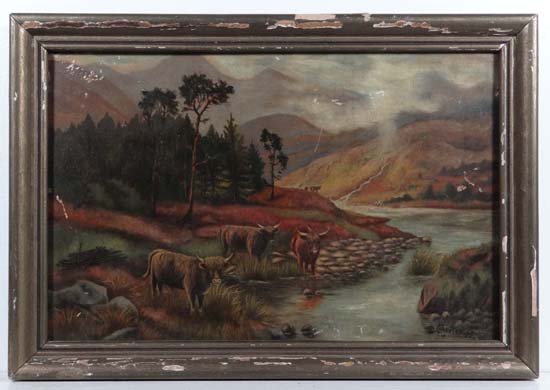 Schroter 05 ( German ) Oil on canvas Scottish Highlands with cattle watering Signed and dated