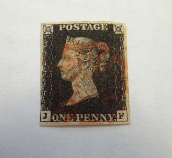 Penny Black Stamp : An 1840 1D Penny Black stamp, 4 margin, close bottom left, with red Maltese