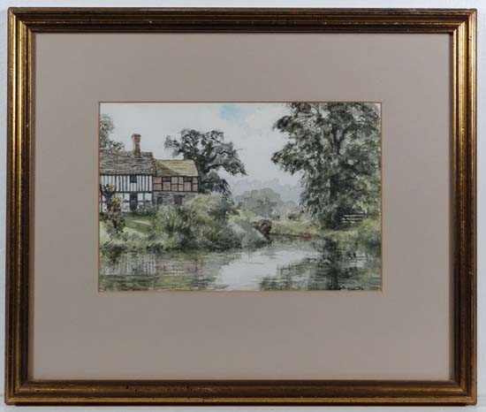 Cynthia Waterman `85 Watercolour Mill pond, sheep and mill Signed lower right 6 3/8 x 9 1/2"