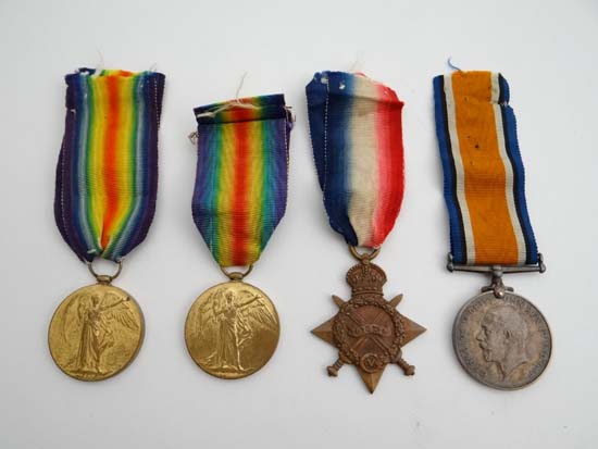 Military: 4 military medals, a 1914-1918 victory medal with associated ribbon marked " 14378 PTE. J.