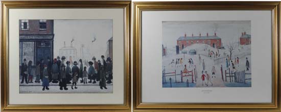 After Laurence Stephen Lowry (1887-1976) Two coloured prints ` Waiting for the shop to open ` & `