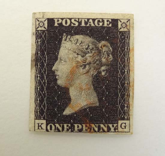 Penny Black Stamp : An 1840 1D Penny Black stamp, plate 9, 3 margin, horizontal guide line.