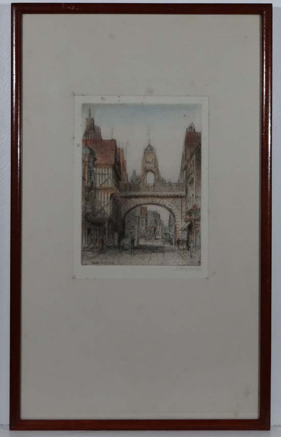 James Alphege Brewer ( act 1909-c.1938) Signed coloured etching ` Chester The East Gate ` Signed