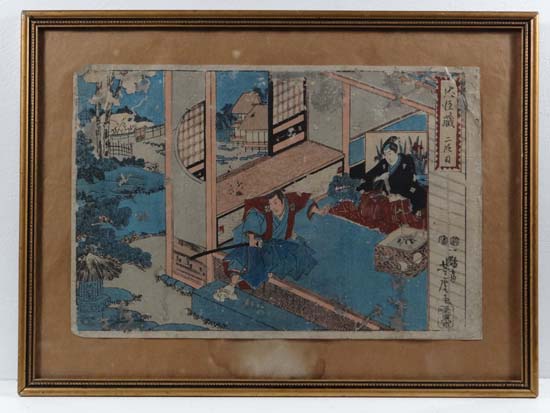 Japanese Woodblock Probably Ukiyo-e woodblock print Signed to right 8 3/4 x 13"