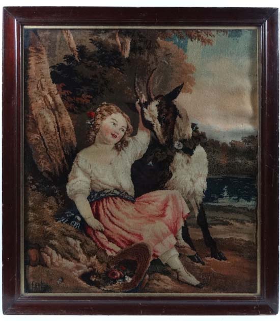 Victorian Plush needlework Depicting a seated child and a goat. 16 1/4 x 14 1/4