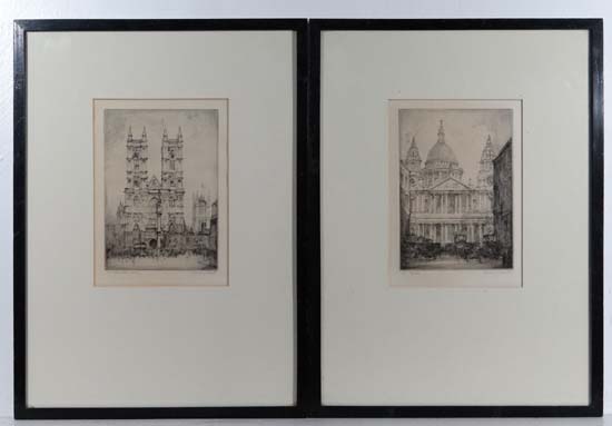 Alfred J Bennett (a.1861-1916) Limited edition drypoint x 2 " St. Paul`s Cathedral-West Point "