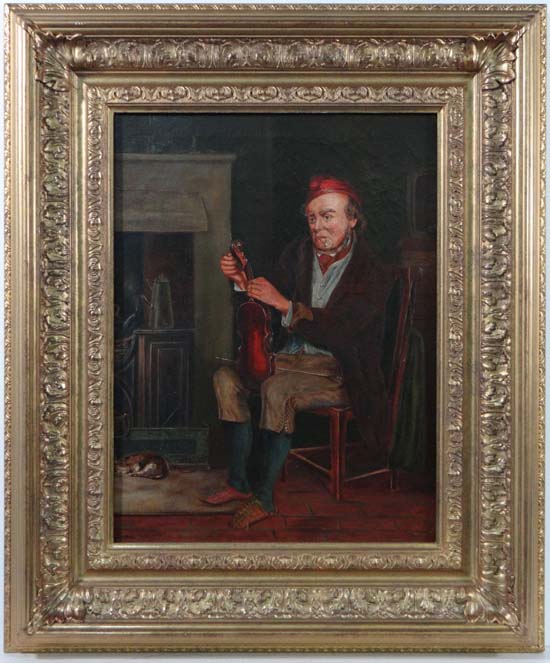 A Johnson 1890 Oil on canvas A seated Victorian gentleman re-stringing a violin Signed and dated