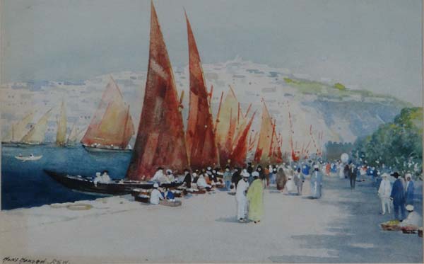 Hans Hansen (1853-1947) RSW Watercolour with bodycolour A Middle Eastern Port with figures Signed