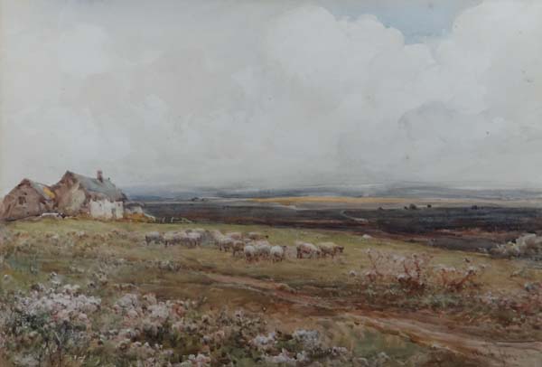 Claude Hayes (1852-1922) Watercolour An extensive landscape with cottage and sheep Signed lower