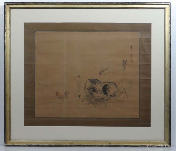 Chinese School XIX Watercolour A farmyard scene with animals Signed upper right 10 5/78 x 12 3/4"