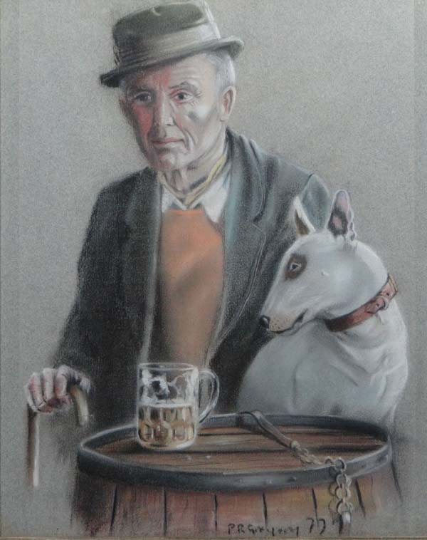 P R Gregory XX Pastel The Old Bill Sykes and Dog Signed PR Gregory lower and dated 77 12 1/2 x 10"