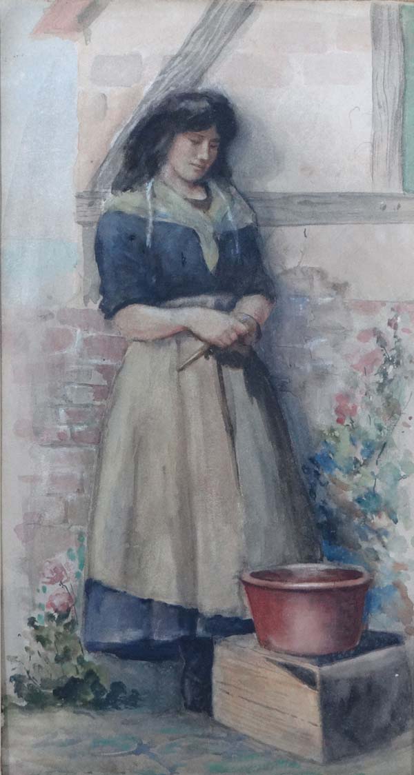 H E Butler (1861- 1931) Cornish? Watercolour Peeling Potatoes Signed lower left 12 x 6 3/4" Bears