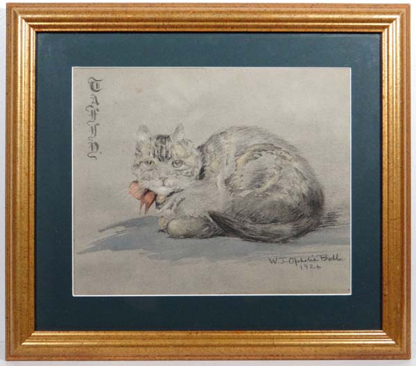 Winifred Joan Ophelia Bell ( nee Billinge ) (1883-1973), Watercolour / charcoal, `Tafyd` a tabby cat