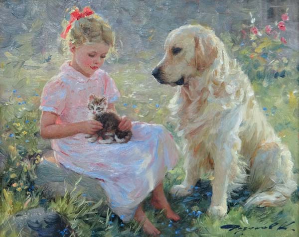 Konstantin Razumov (b.1974), Russian School Oil on canvas `My little kitten` Signed lower-right 8