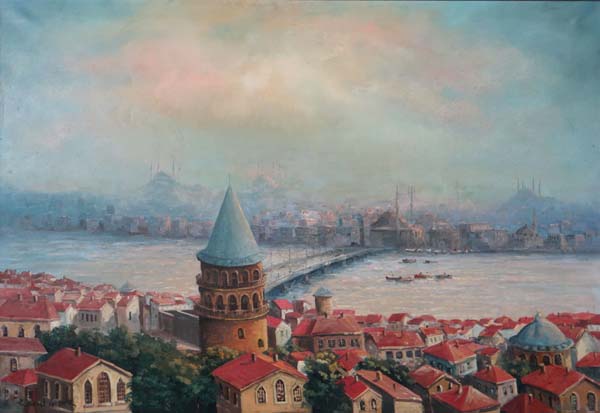 Indistinctly Signed Turkish School, Mid-late XX Oil on canvas Topographical view of The Bosphous