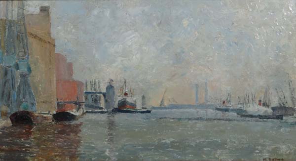 Margaret J Cheffins XX Oil on board ` Victoria Docks 1970 ` Signed lower right and artists label