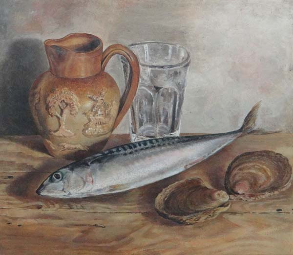 Victorian School XIX Oil on card Still life of Mackerel, oysters, Harvest Jug etc. 10 1/8 x 113/4"