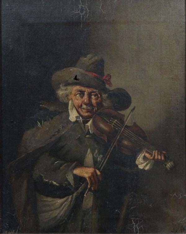 XIX Continental School Oil on canvas The Violin Player Initialled `HM` lower right 10 3/4 x 8 3/8"