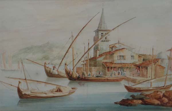 XIX Continental School Watercolour A Middle Eastern port with figures on the quay unloading boats 10