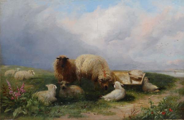 Attrib. to Thomas Sidney Cooper (1803-1902) Oil on panel Sheep. Standing Ewes and recumbent lambs