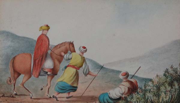 XIX French School Watercolour Ottoman gentleman on a horse with figures 4 x 6"